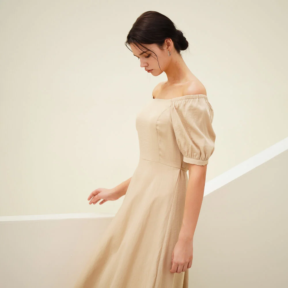 Square Neck Balloon Dress_Beige