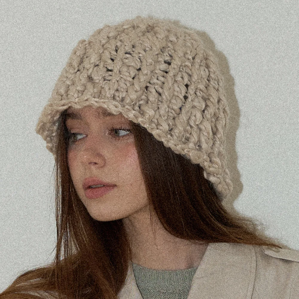 Sleeve Handmade Crochet Knit Wool Bucket Hat _ Beige