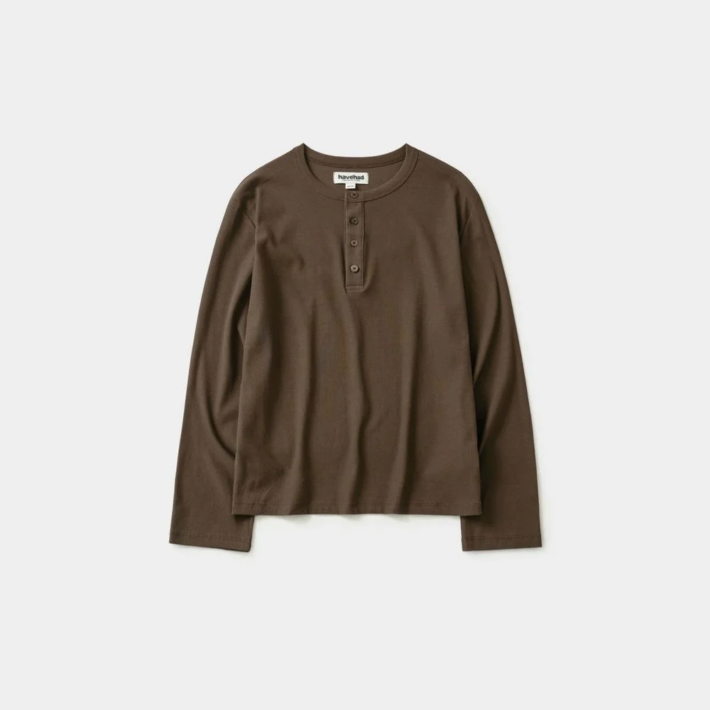 Henley Neck Long Sleeve T-Shirt (Brown)