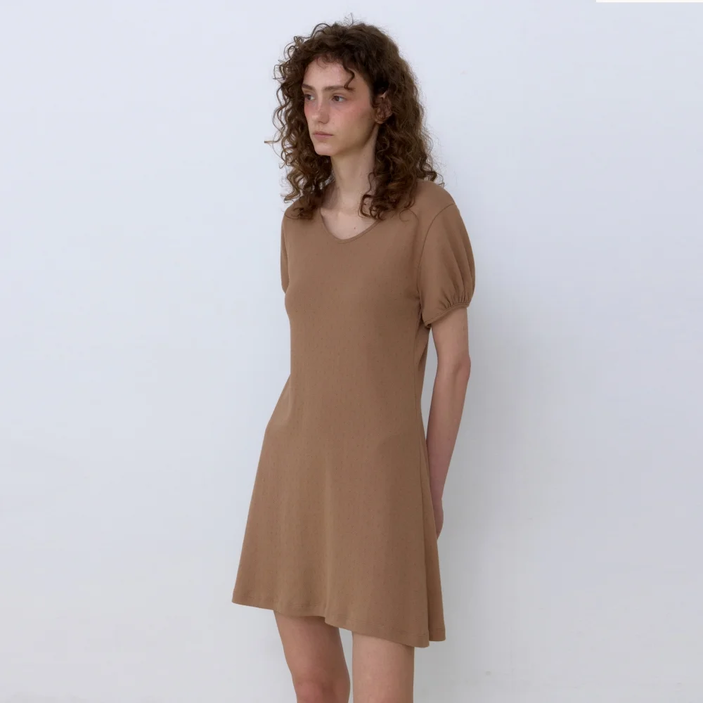 CROCHET MINI JERSEY DRESS BROWN