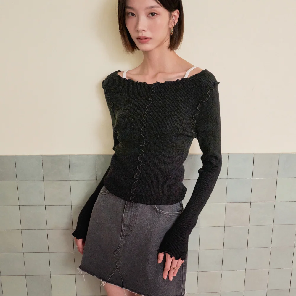 Viscose Frill Boat Neck Embroidered Reverse Knit (Black)