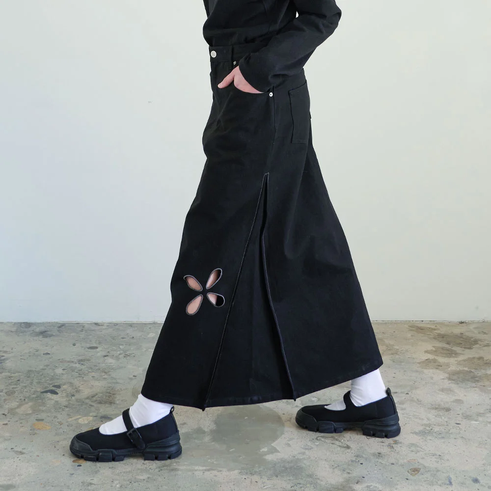 Cotton Unbalance Long Skirts_Black