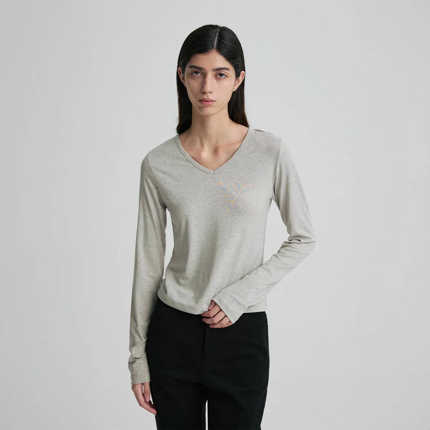 DEEP V-NECK LONG-SLEEVE TOP MELANGE GRAY