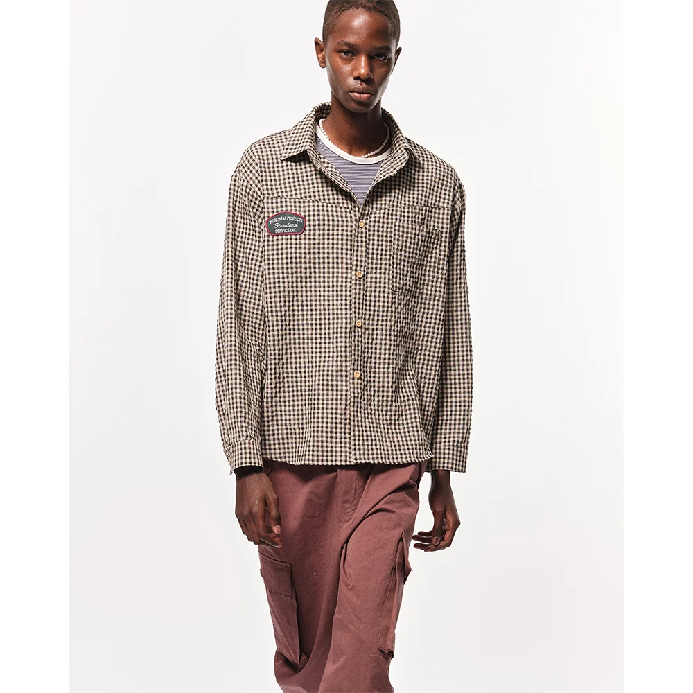 Bluesf Waffle Checkered Oversized Fit Shirt - BEIGE & BLACK