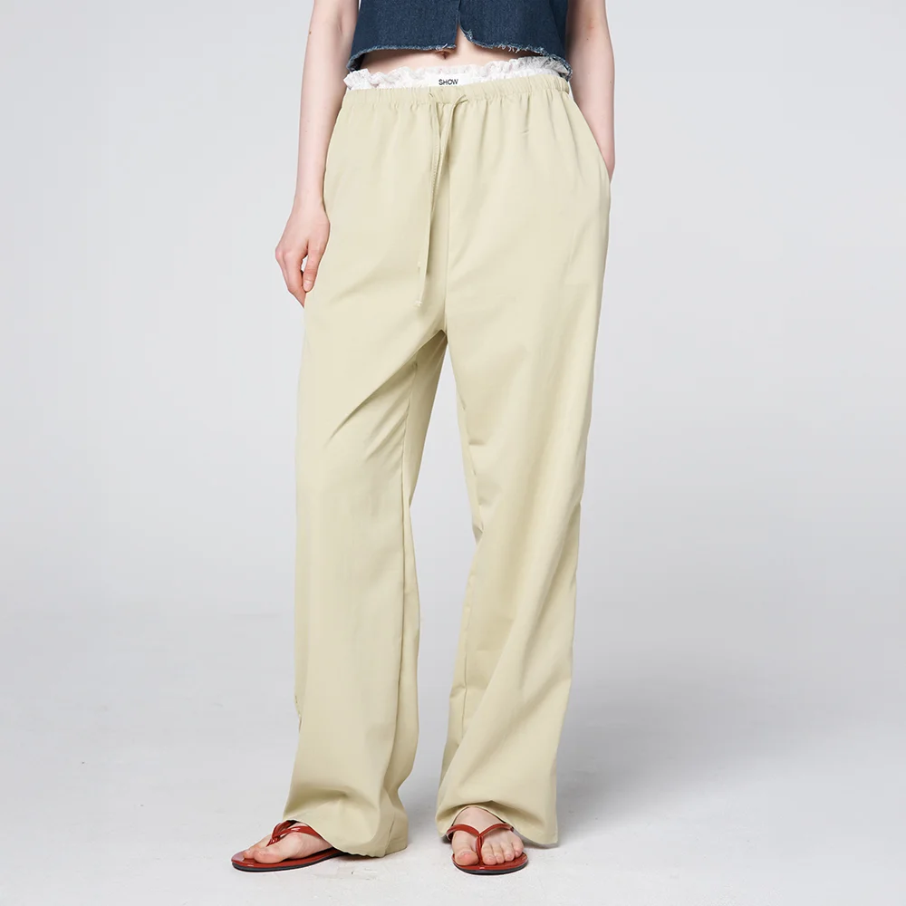Lace Layered Drawstring Wide Pants Butter yellow