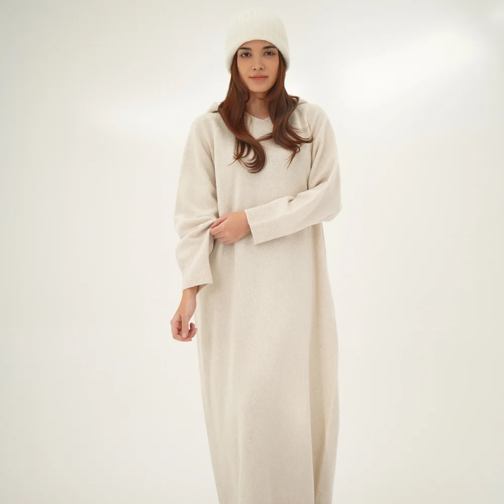 Hoodie Knit Long Dress _L.Beige
