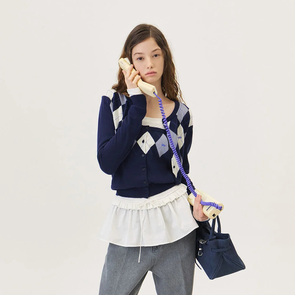 VENI ARGYLE CROP CARDIGAN (NAVY)