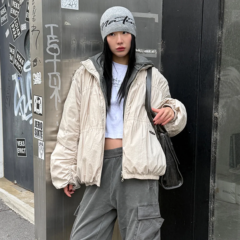 HIGH NECK SHIRRING DOWN JUMPER IN LIGHT BEIGE