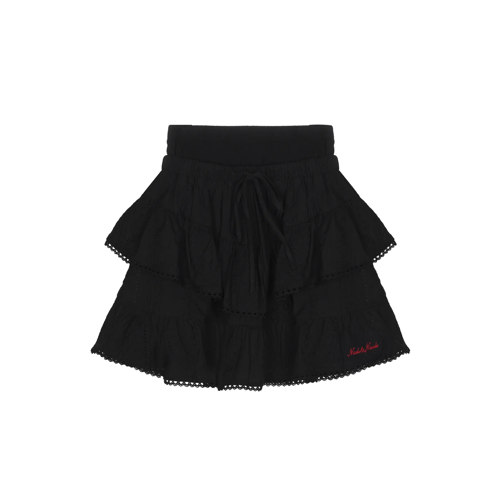 PUNCHING LACE RUFFLE MINI SKIRT_BLACK