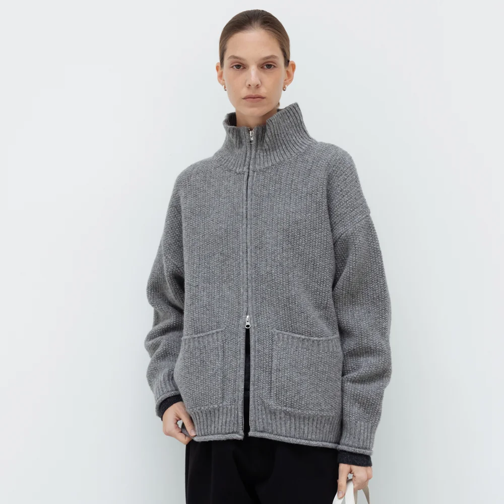 Shetland Wool Zip-Up Cardigan (Grey)