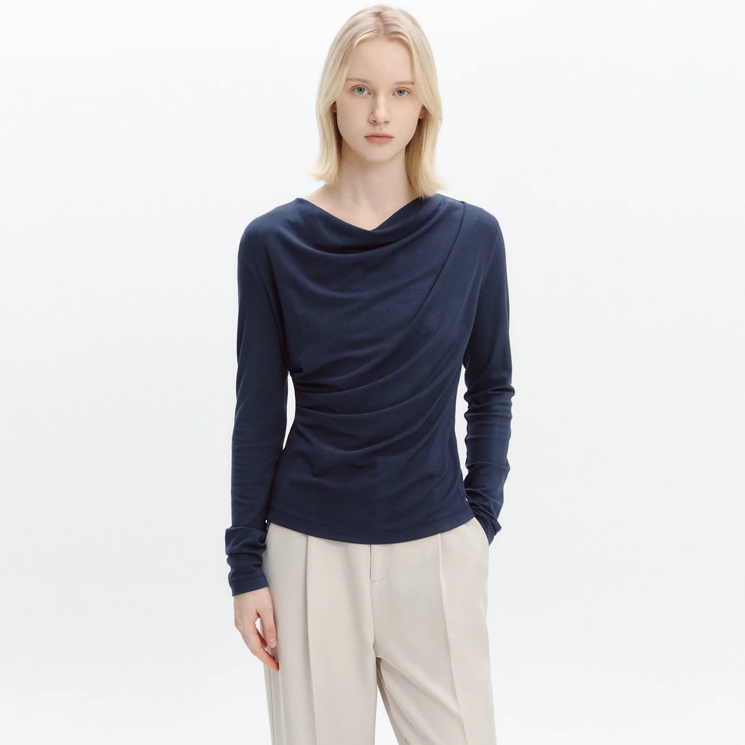 Cowl-neck Draped T-blouse NAVY