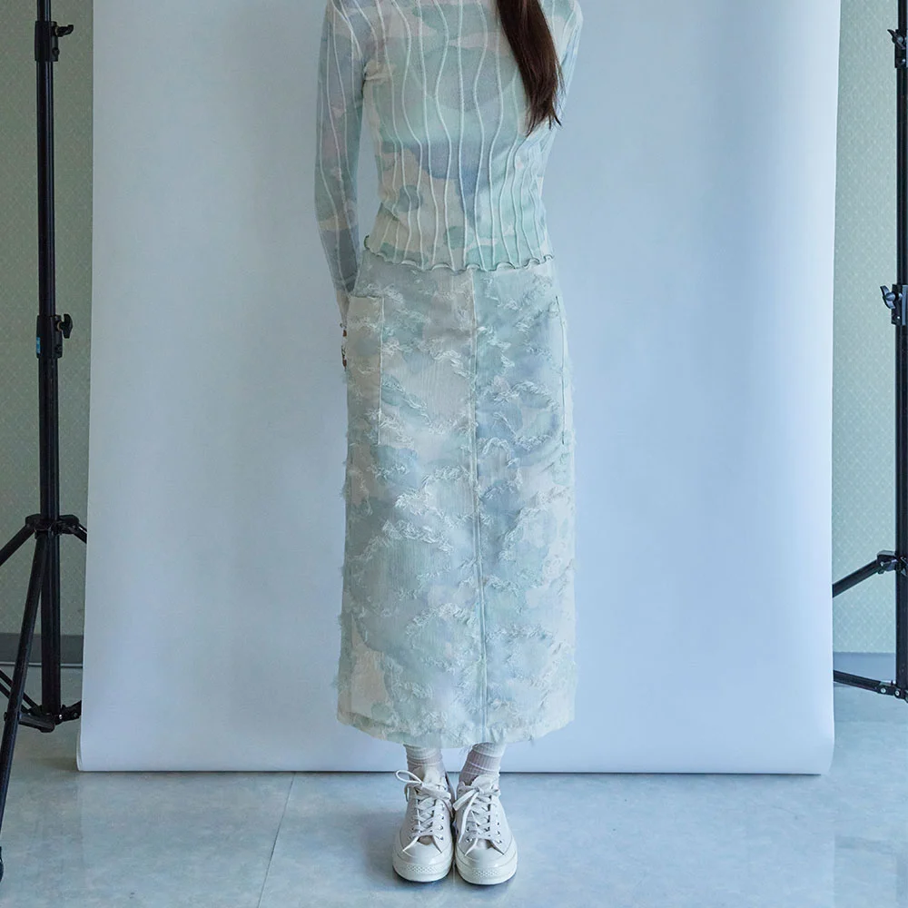 Stain-graphed long fur skirt - Blue Green