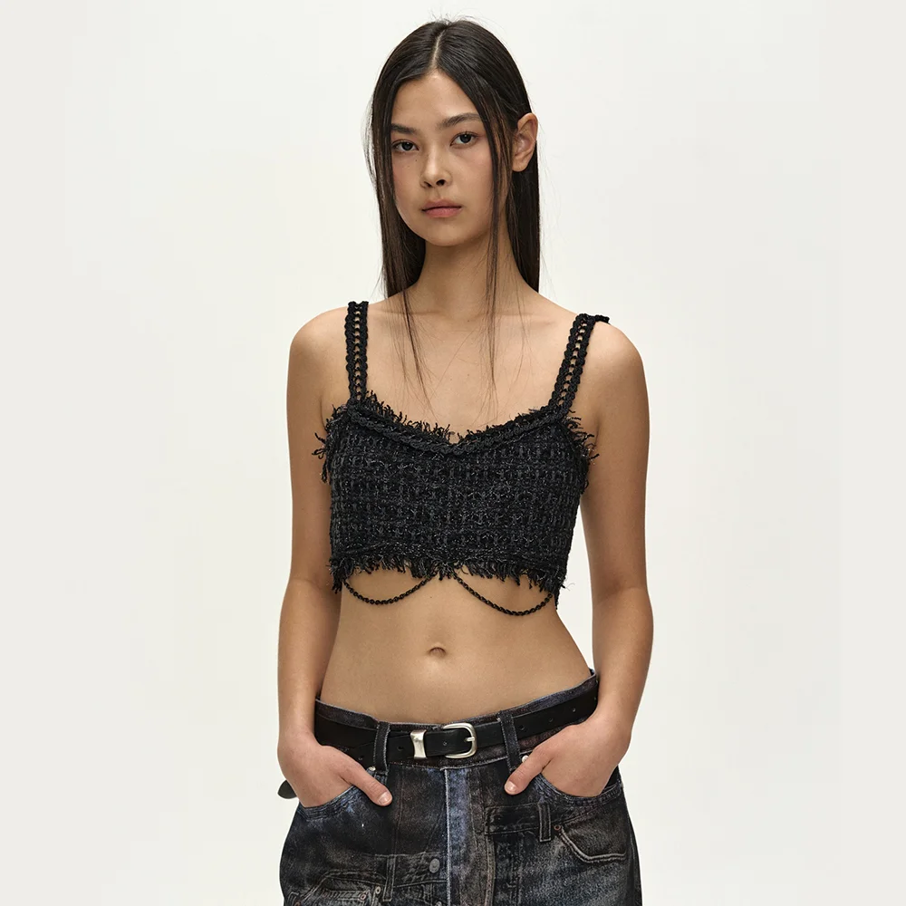 RAW CHAIN-EDGE TWEED BRALETTE (BLACK)