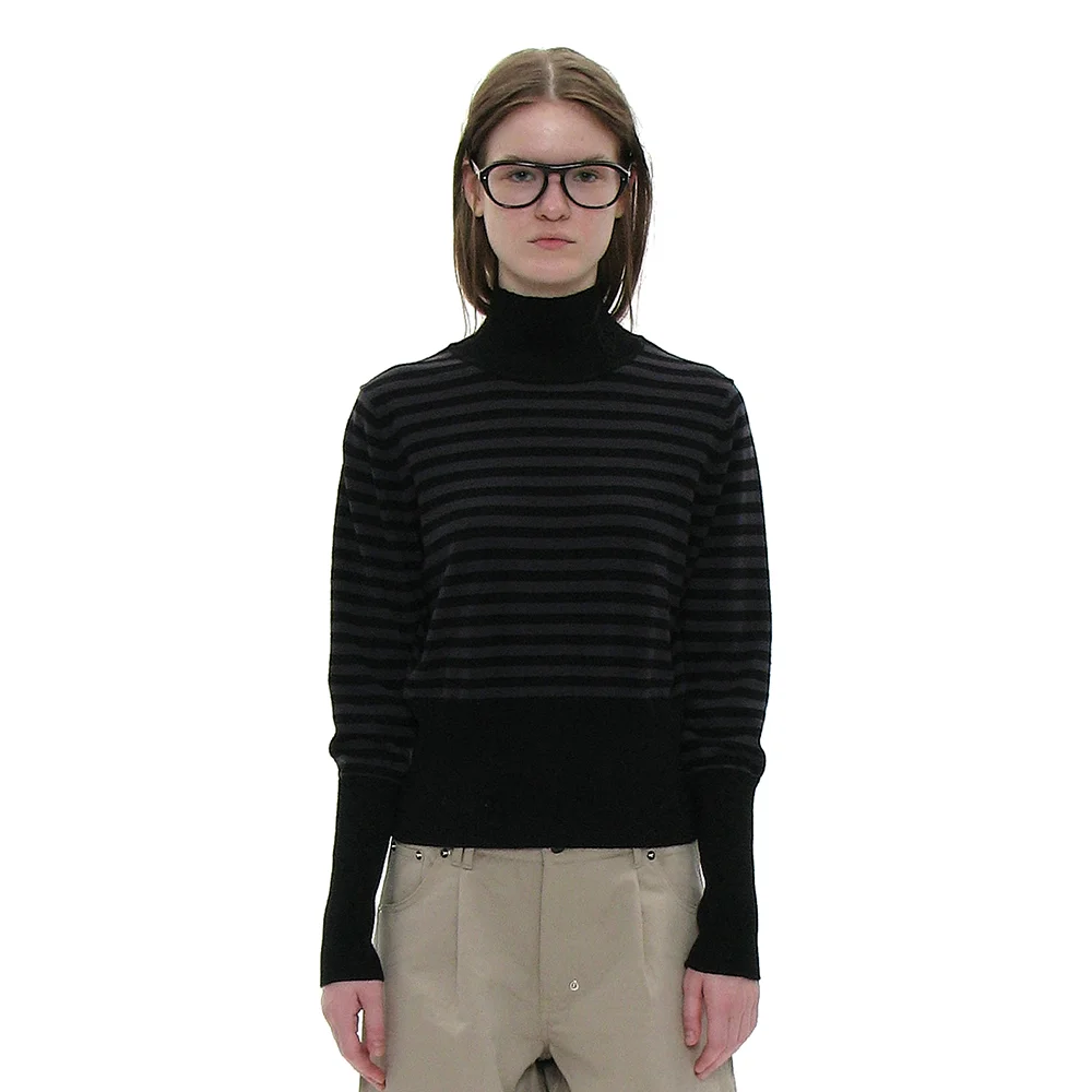 PWC HIGHNECK BACK BUTTON-UP KNIT TOP_BLACK STRIPE
