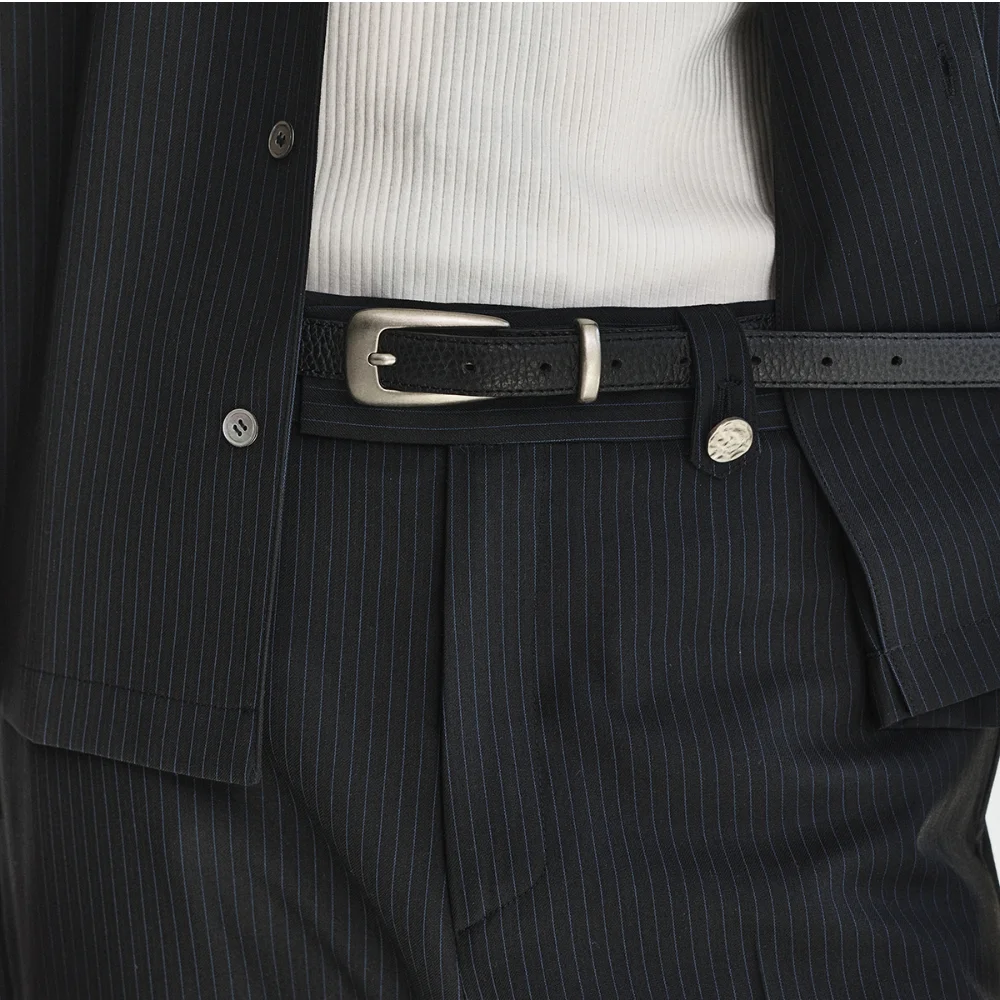Oblong Leather Buckle Belt_Silver