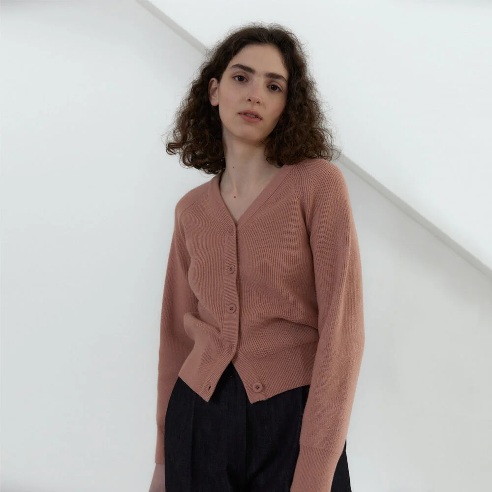 21S V-NECK LINE RIBBED CARDIGAN (FLAMINGO)