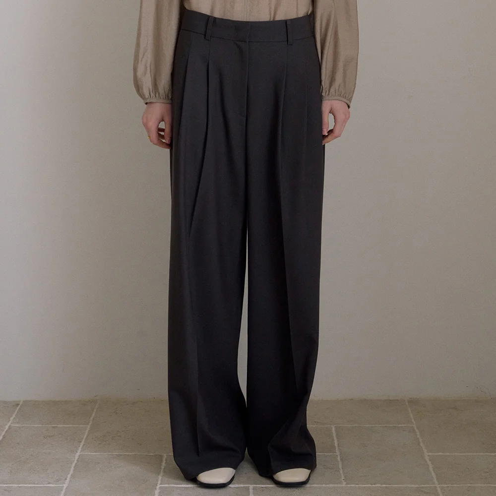 CLASSIC WOOL WIDE SLACKS_CHARCOAL BROWN