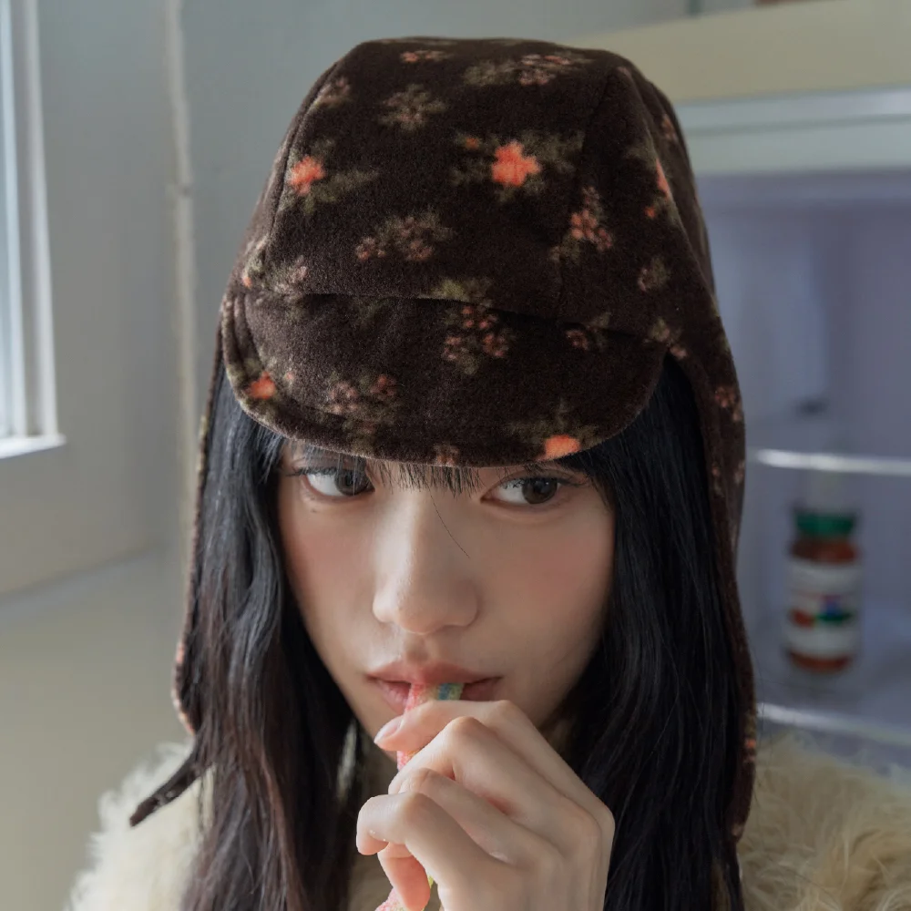CORDUROY EARFLAP HAT IN FLORAL BROWN