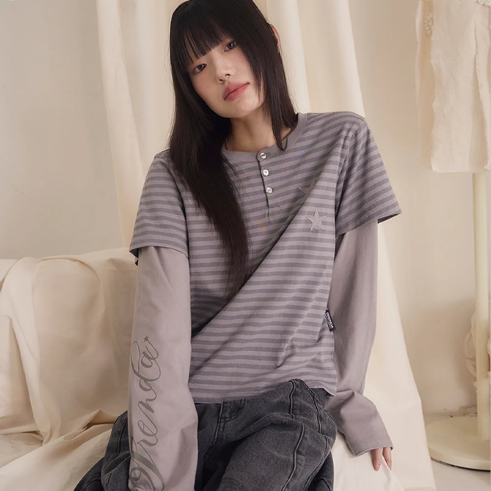 STRIPE LAYERED HENRY NECK LONG SLEEVE GRAY