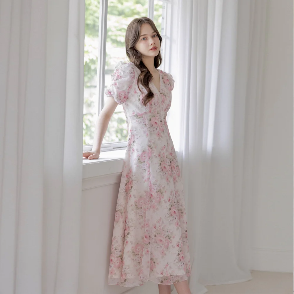 Chiffon Shirring Maxi-Dress / Print(pink)