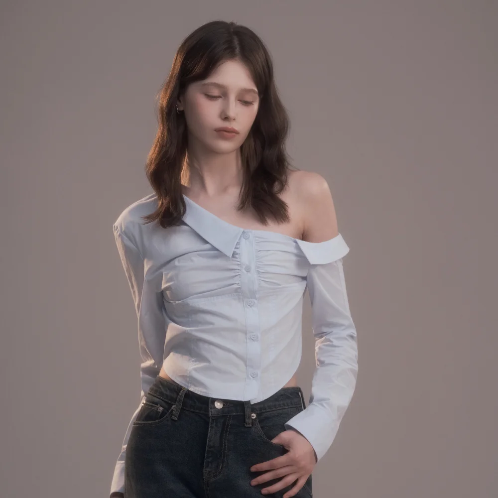 Cut-Out Shirring Shirt - Sky Blue
