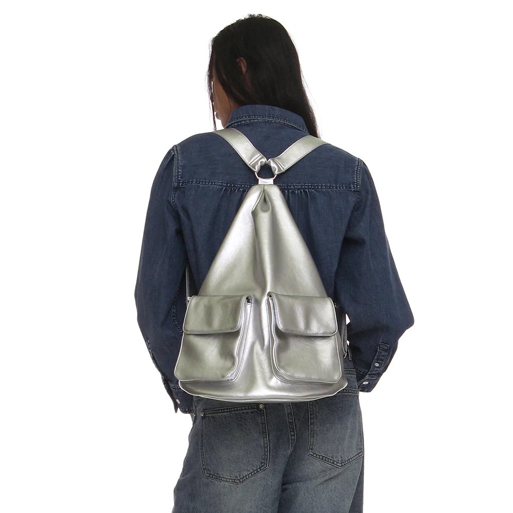 MULTIWAY POCKET FAUX LEATHER BACKPACK_SILVER