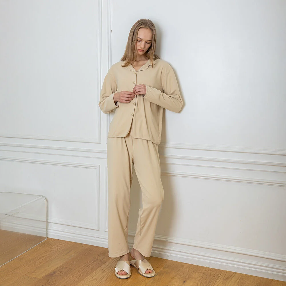 MJ_Warm solid colors two piece pajamas_BEIGE