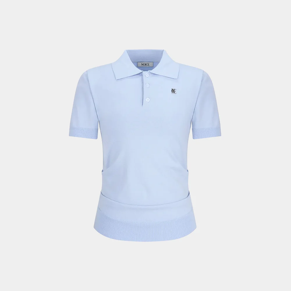 (W) SIDE TUCK KNIT POLO TOP - LIGHT BLUE