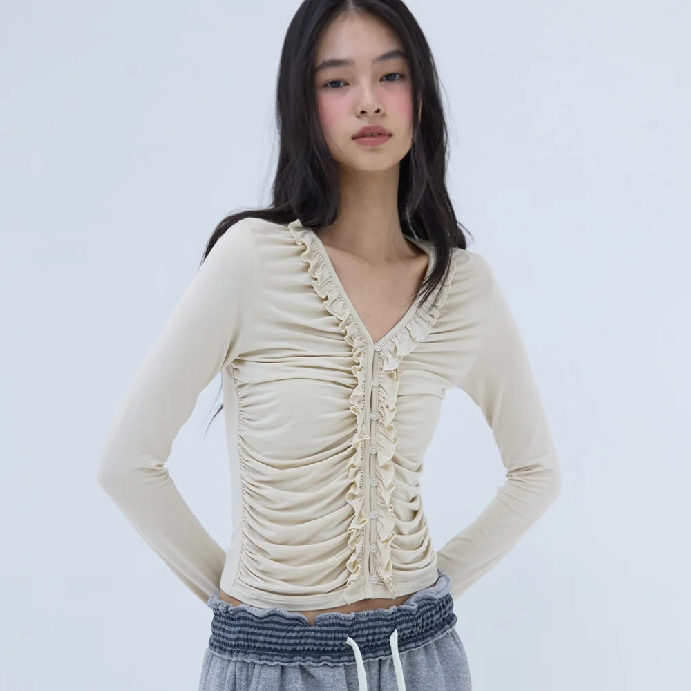Ruffled Shirring Button Top Cream beige