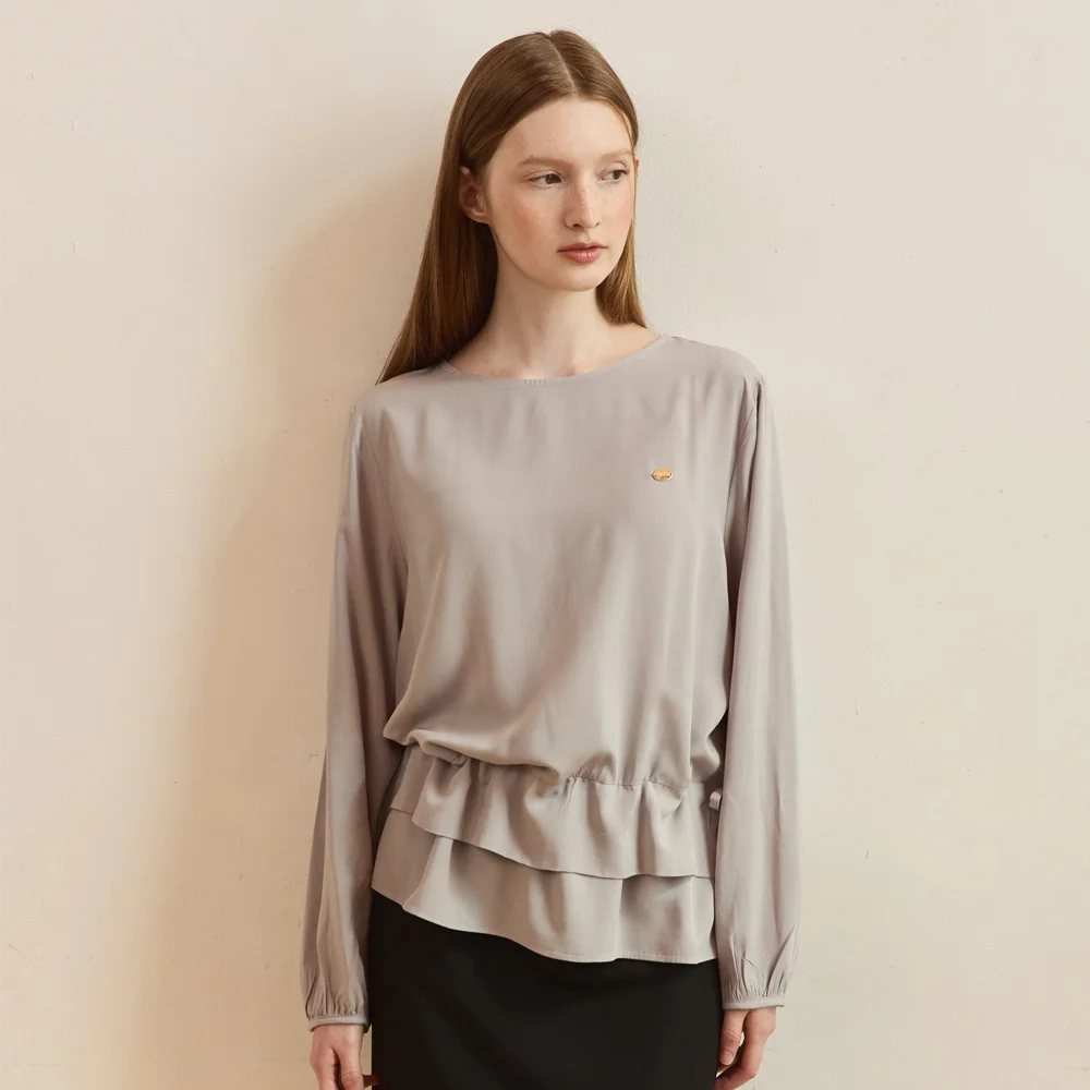Layered drawstring flare blouse - blue grey