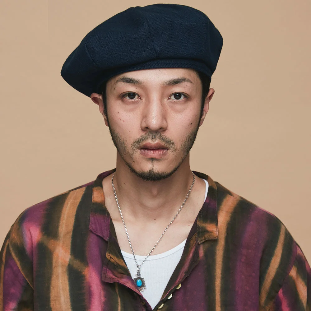 (herringbone) Linen beret - navy