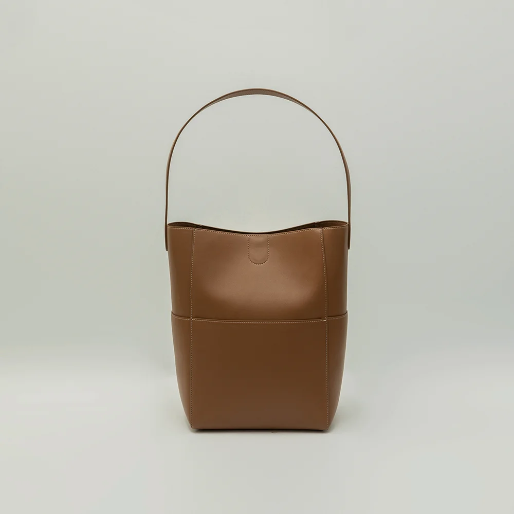 STITCH LEATHER BUCKET BAG_CAMEL