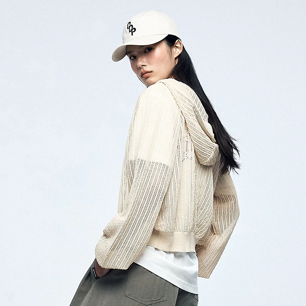 女裝 針織衫 連帽拉鍊外套 (米色)