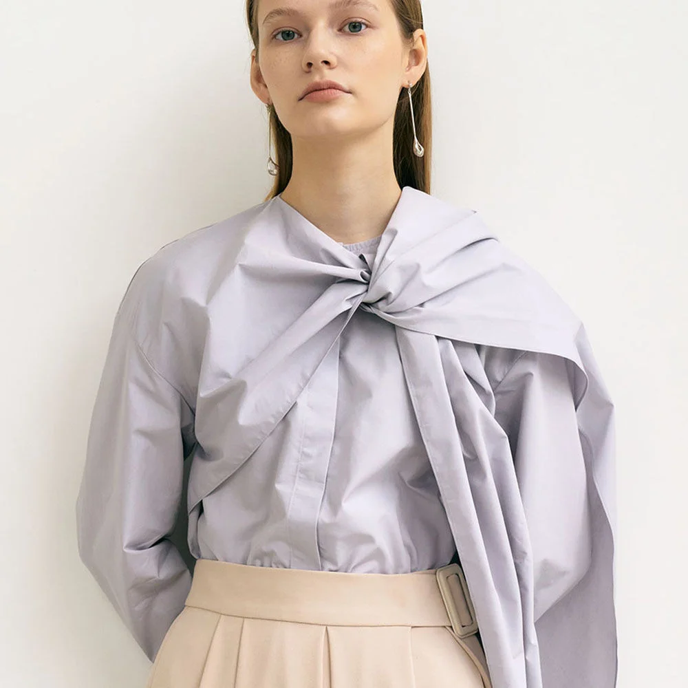 6A Ribbo n-tie twisted layer shirt (Light Grey)