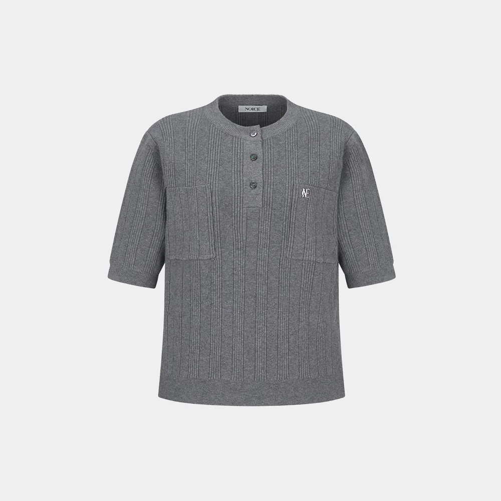 (W) HENLEY CASHMERE BLEND KNIT TOP - GRAY