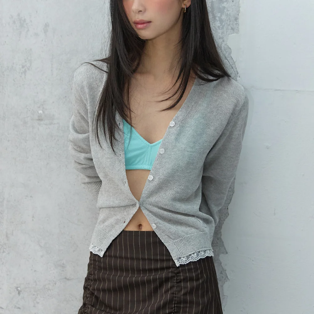 Hem Lace Linen Cardigan Melange grey