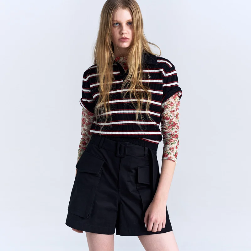 W STRIPED KNIT POLO SHIRT - BLACK