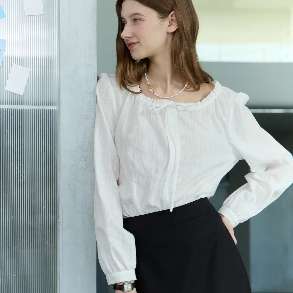 Ribbon Frill Shirring Blouse - White