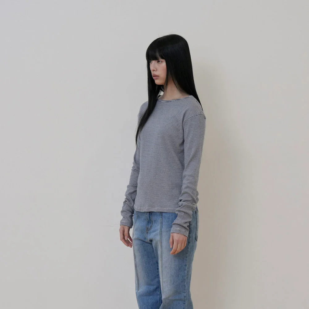 Layered round long sleeve t-shirt, Navy-stripe