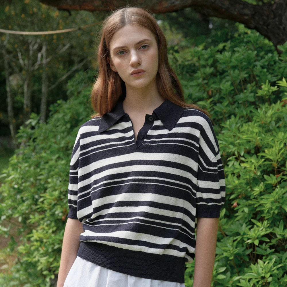 Cotton Stripe Collar Half Knit (navy)
