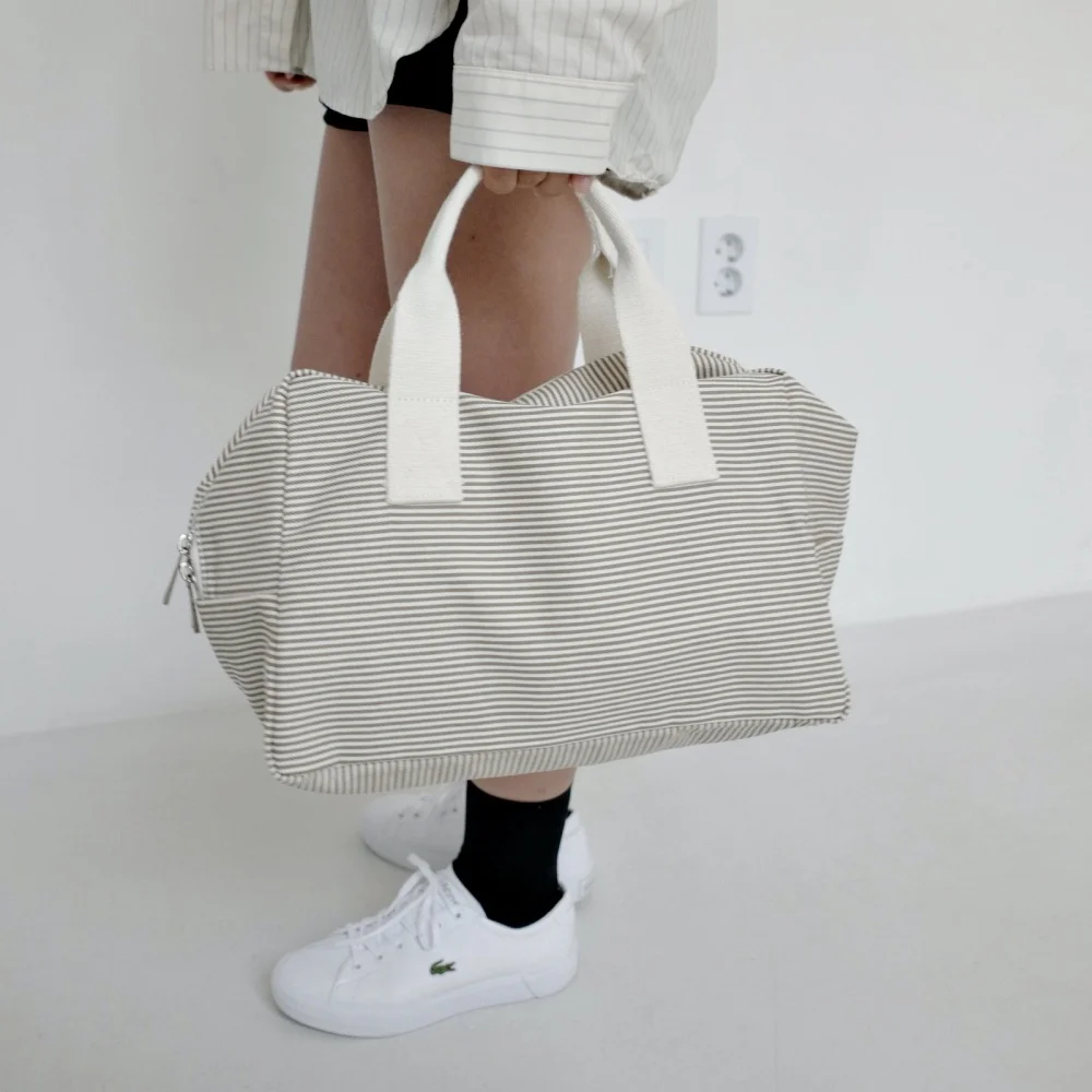 Stripe boston bag (Khaki-beige, 3sizes)