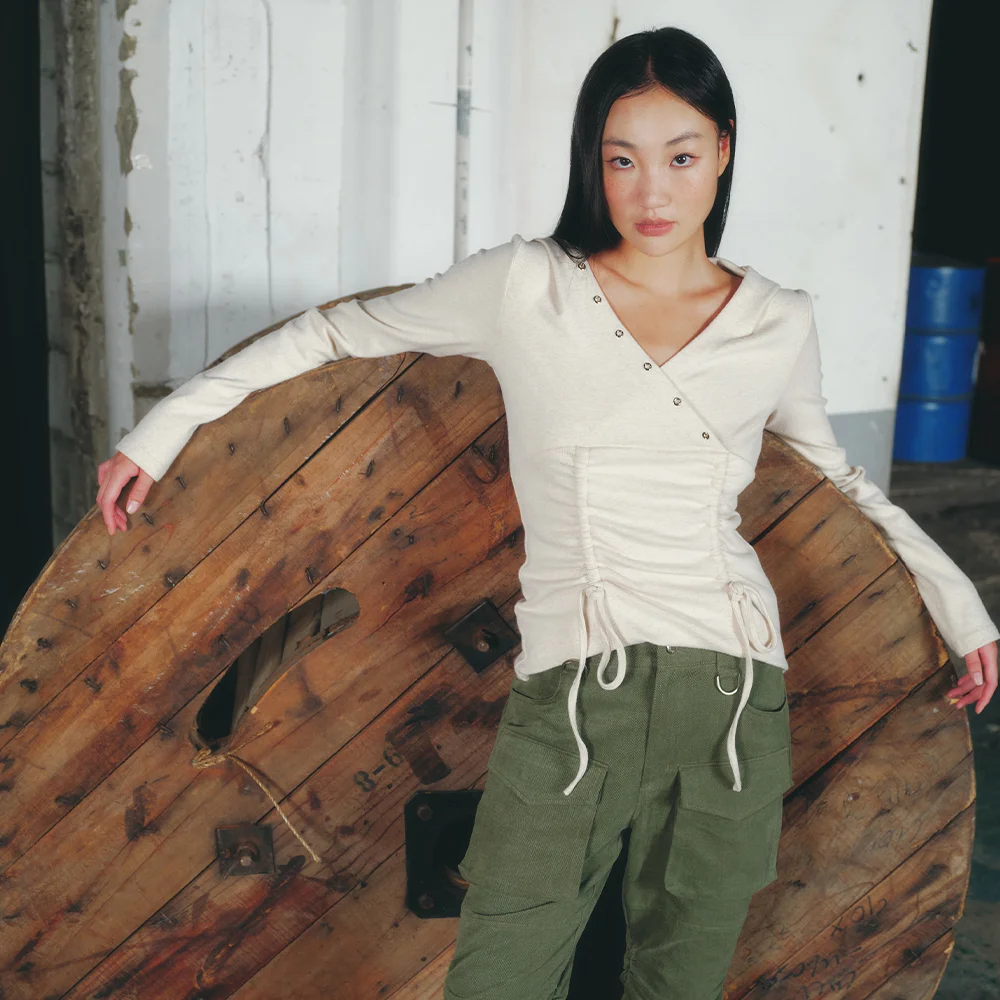 V NECK SHIRRRING HOODIE OATMEAL BQ4CL026