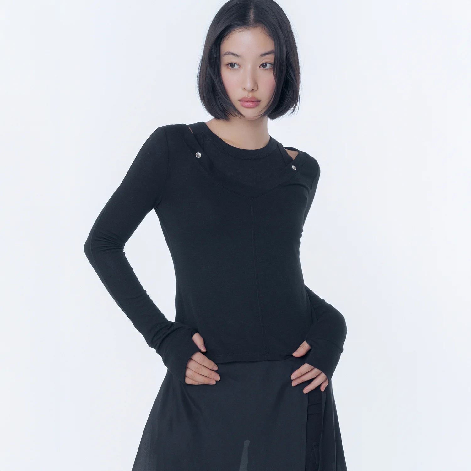 Layered line sheer long sleeve BLACK