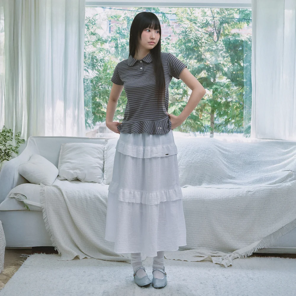 ke701-Cancan Shirring Long Skirt White