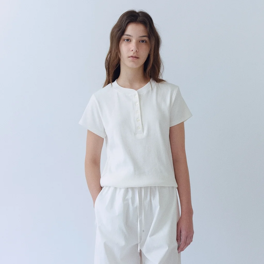 Henley Neck Button Tee(White)