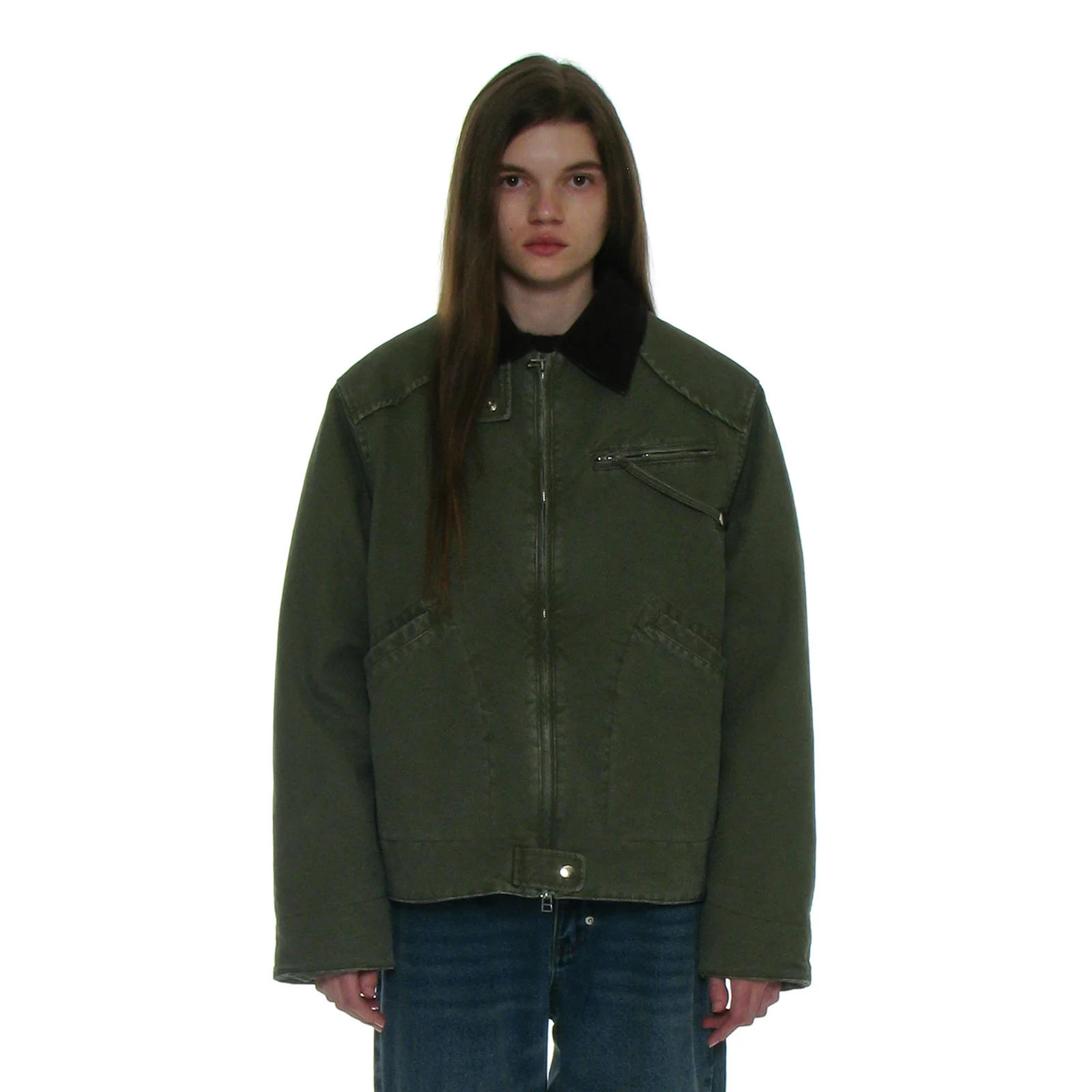 COTTON WASHED WORK JACKET_KHAKI GREEN
