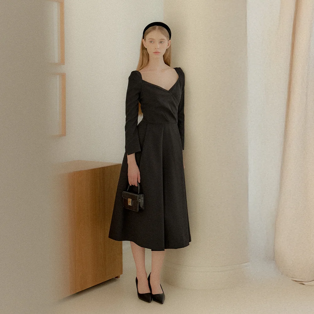 Wrap Double-Tucked Flare Dress / Black(3color)