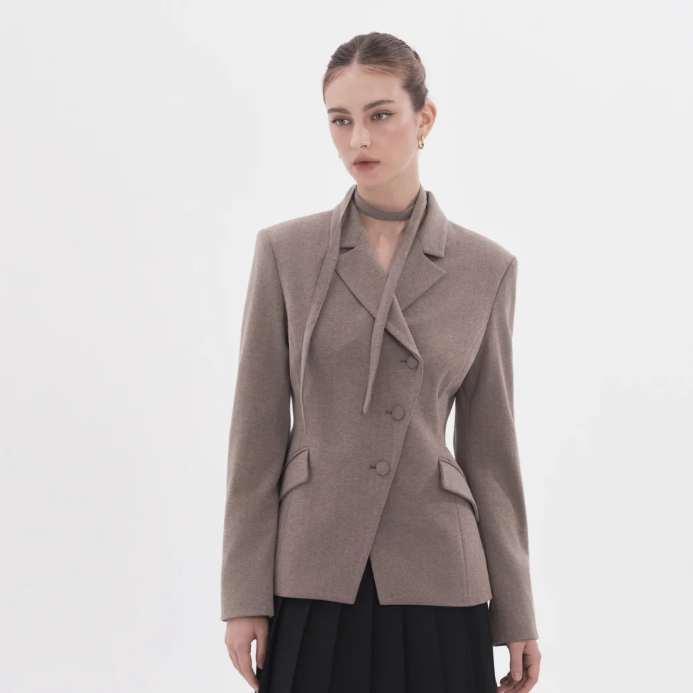 Jane Herringbone Fitted Tailored Jacket - Brown