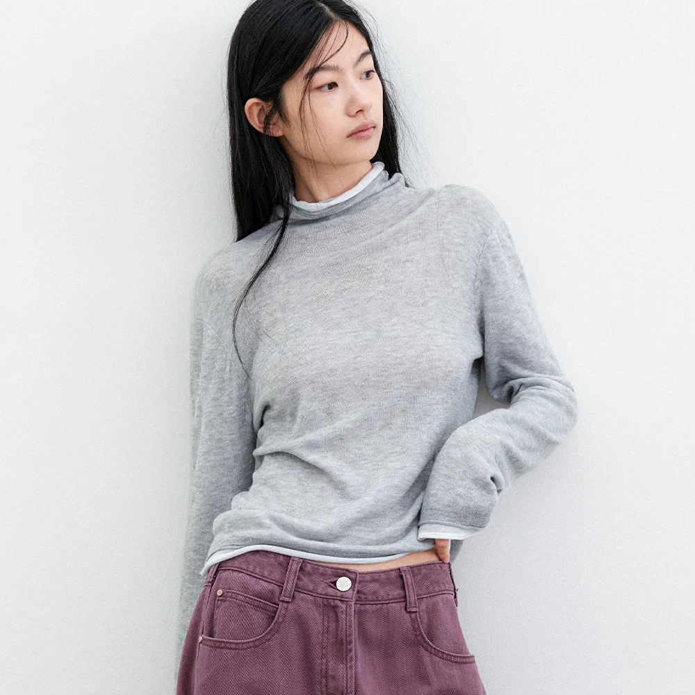 (T-7294)DOUBLE LAYERED COLOR POINT HIGH NECK KNIT