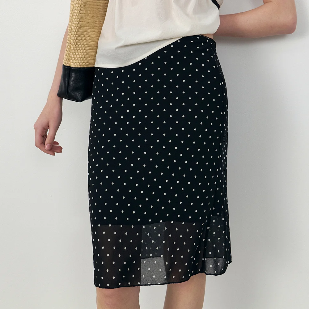 Polka dot chiffon midi skirt_Black